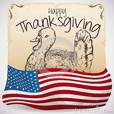 Hand Drawn Turkey in Scroll and American Flag for Thanksgiving, Vector Illustration Vector Illustration