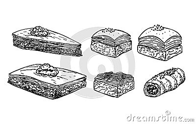 Hand drawn turkish baklava on white background. Assorted Oriental sweets sketch. Engraved baked arabic dessert with Vector Illustration