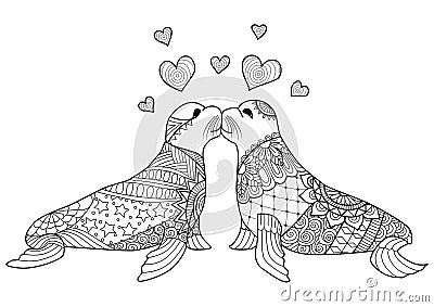 Hand drawn two seals kissing each other for coloring book for adult Vector Illustration