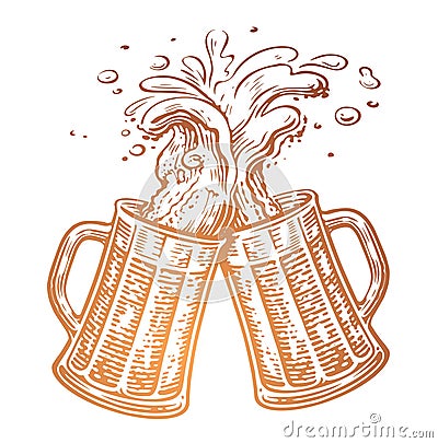 Hand drawn two toasting beer mugs, Cheers. Clinking glass mugs. Oktoberfest, vector illustration Vector Illustration