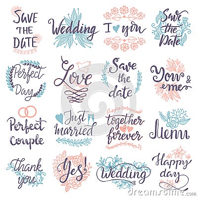 Hand drawn typography save the date quote text logo badge design wedding greeting cards or invitations illustration Vector Illustration