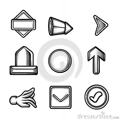 Hand drawn UI Game Icons Arrows Buttons Checkmarks Symbols Stock Photo