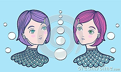 Hand drawn underwater mermaid twin girls with pink and purple hair wearing turquoise scaled shirt. Cartoon Illustration