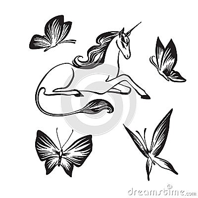 Hand drawn unicorn and butterflies outline sketch. Vector magic black ink drawing isolated on white background. Graphic Vector Illustration