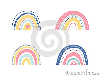 Hand drawn unique rainbow set. Cute kids nursery collection in pastel colors. Baby shower. Lovely cartoon rainbows for Vector Illustration