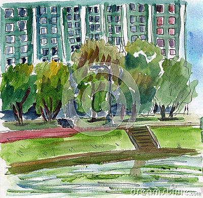 Hand drawn urban sketch. Watercolor summer cityscape. Green trees. Green house. Big city. Small town. Blue sky. Park and garden. Stock Photo