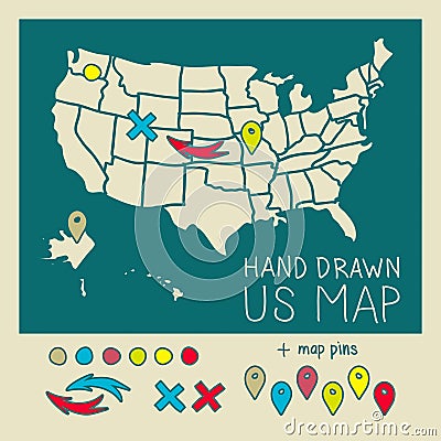 Hand drawn US map with pins Vector Illustration