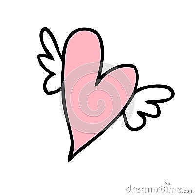 Hand drawn Valentine flying heart with wings. Perfect for tee, stickers, cards. Doodle isolated vector illustration Vector Illustration