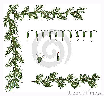 Hand Drawn Variety Pine Garland Corner White Twinkle Light Set Vector Vector Illustration