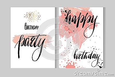 Hand drawn vecor abstract artistic modern watercolor cards template with ink lettering phases Happy birthday and Happy Vector Illustration