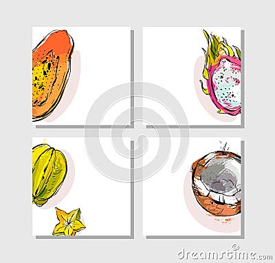 Hand drawn vector abstract artistic freehand textured unusual cards set collection template with exotic tropical fruits Vector Illustration