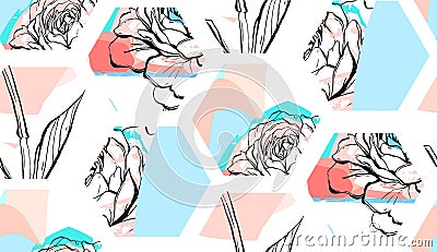 Hand drawn vector abstract artistic textured hexagon shapes collage seamless pattern with graphic may flowers in pastel Vector Illustration