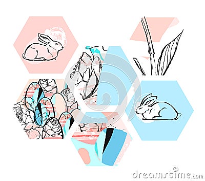 Hand drawn vector abstract artistic textured hexagon shapes Easter collage with graphic flowers,bunny and Easter eggs in Vector Illustration