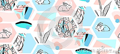 Hand drawn vector abstract artistic textured hexagon shapes Easter collage seamless pattern with graphic flowers,bunny Vector Illustration