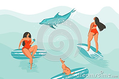 Hand drawn vector abstract cartoon graphic summer time funny illustrations poster with surfer girls in red bikini with Vector Illustration
