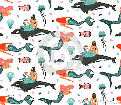 Hand drawn vector abstract cartoon graphic summer time underwater illustrations seamless pattern with killer whale Vector Illustration