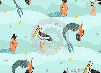 Hand drawn vector abstract cartoon graphic summer time underwater illustrations seamless pattern with pelican bird Vector Illustration