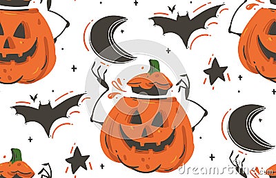 Hand drawn vector abstract cartoon Happy Halloween illustrations seamless pattern with bats,pumpkins,moon and stars Vector Illustration