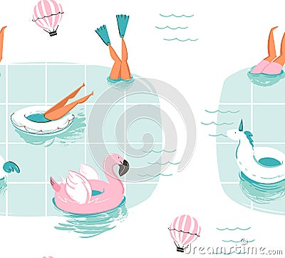 Hand drawn vector abstract cartoon summer time fun cartoon seamless pattern with swimming people in swimming pool with Vector Illustration