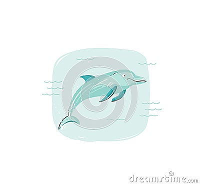 Hand drawn vector abstract cartoon summer time fun illustration with jumping dolphin in blue ocean waves isolated on Vector Illustration