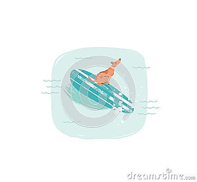 Hand drawn vector abstract cartoon summer time fun illustrations icon with swimming surfer dog on longboard in blue Vector Illustration