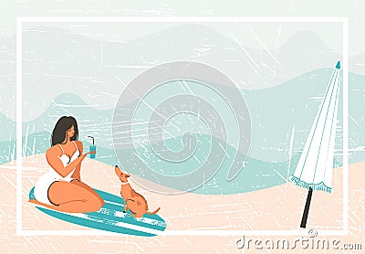 Hand drawn vector abstract cartoon summer time fun retro vintage background with girl ,surf board,dog and umbrella on Vector Illustration