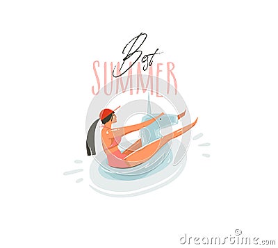 Hand drawn vector abstract cartoon summer time graphic illustrations art with beauty girl on unicorn float ring swimming Vector Illustration