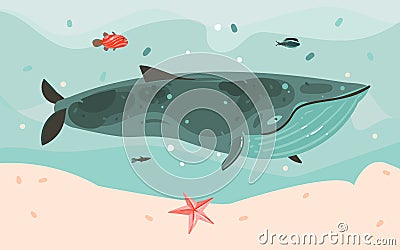 Hand drawn vector abstract cartoon summer time graphic illustrations art template background with ocean bottom,big whale Vector Illustration