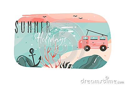 Hand drawn vector abstract cartoon summer time graphic illustrations art template banner background with ocean beach Vector Illustration