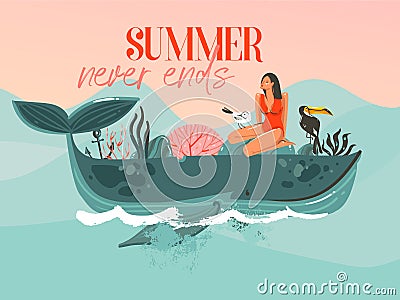 Hand drawn vector abstract cartoon summer time graphic illustrations template card with girl,whale on blue waves and Vector Illustration