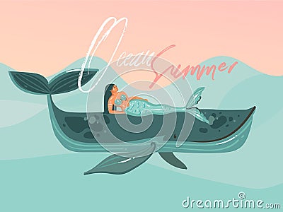 Hand drawn vector abstract cartoon summer time graphic illustrations template card with mermaid girl,whale on blue waves Vector Illustration