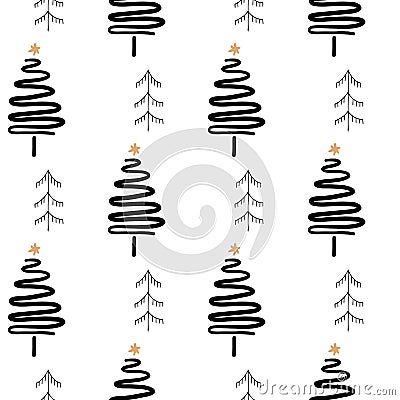Hand drawn vector abstract Christmas decoration textured seamless pattern design with freehand brush painted Christmas trees Stock Photo