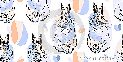 Hand drawn vector abstract collage drawing cute seamless pattern with realistic rabbits in pastel colors.Easter bunnies Vector Illustration