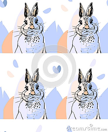 Hand drawn vector abstract collage drawing cute seamless pattern with realistic rabbits in pastel colors.Easter bunnies Vector Illustration