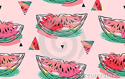 Hand drawn vector abstract collage seamless pattern with watermelon motif,triangle hipster shapes and artistic freehand Vector Illustration