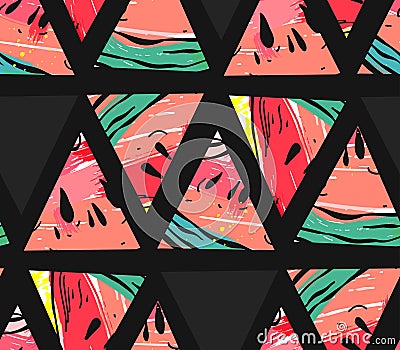 Hand drawn vector abstract collage seamless pattern with watermelon motif and triangle hipster shapes isolated on black Vector Illustration
