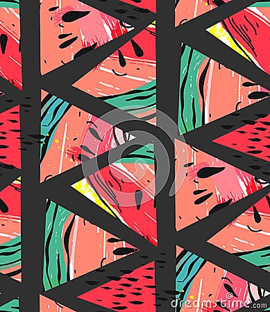 Hand drawn vector abstract collage seamless pattern with watermelon motif and triangle hipster shapes isolated on black Vector Illustration