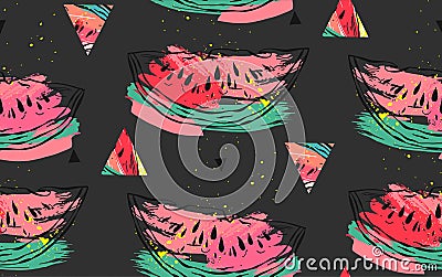 Hand drawn vector abstract collage seamless pattern with watermelon motif and triangle hipster shapes isolated on black Vector Illustration