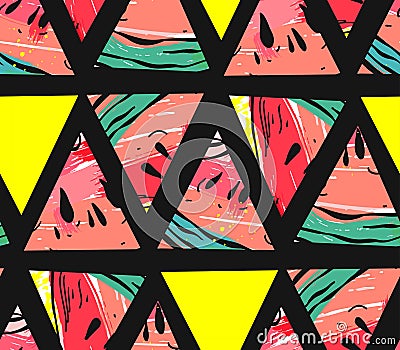 Hand drawn vector abstract collage seamless pattern with watermelon motif and triangle hipster shapes isolated on black Vector Illustration