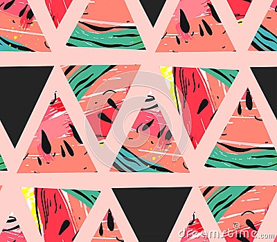 Hand drawn vector abstract collage seamless pattern with watermelon motif and triangle hipster shapes isolated on color Vector Illustration