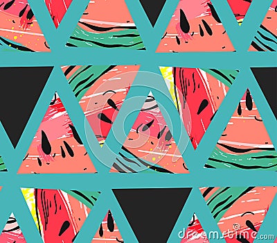 Hand drawn vector abstract collage seamless pattern with watermelon motif and triangle hipster shapes isolated on color Vector Illustration