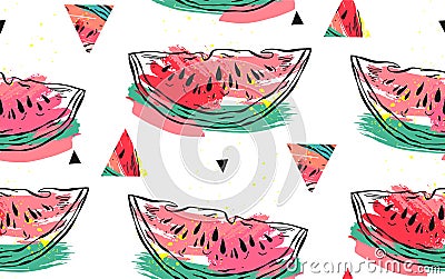 Hand drawn vector abstract collage seamless pattern with watermelon motif and triangle hipster shapes isolated on white Vector Illustration
