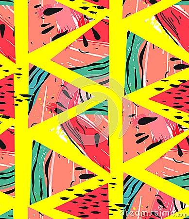 Hand drawn vector abstract collage seamless pattern with watermelon motif and triangle hipster shapes isolated on yellow Vector Illustration
