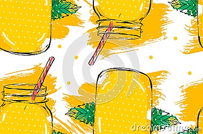 Hand drawn vector abstract creative detox water lemonade seamless pattern with glass jar,mint leaves and freehand Vector Illustration