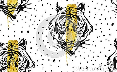 Hand drawn vector abstract creative seamless pattern with tiger face illustration,golden foil and polka dots texture Vector Illustration