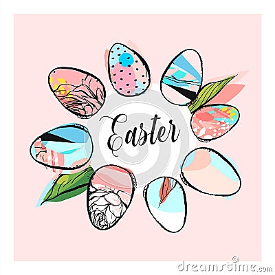 Hand drawn vector abstract creative texture Easter concept graphic trendy composition with Easter eggs wreath frame in Vector Illustration