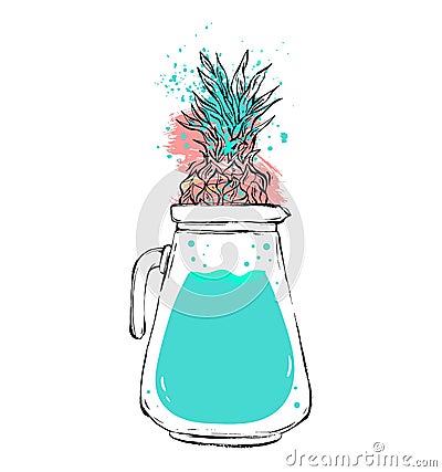 Hand drawn vector abstract creative unique summer time illustration with glass decanter with blue detox water and Vector Illustration