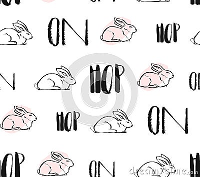 Hand drawn vector abstract creative universal Easter seamless pattern design with white rabbits and hop on quote in Vector Illustration