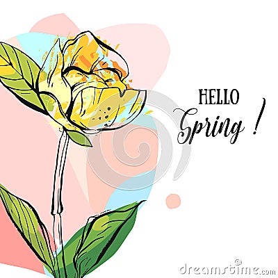 Hand drawn vector abstract creative universal unusual Hello spring greeting card illustration with graphic flower in Vector Illustration