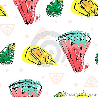 Hand drawn vector abstract cute funny summer time fruits seamless pattern with watermelon,lemon,mint leaves and freehand Vector Illustration